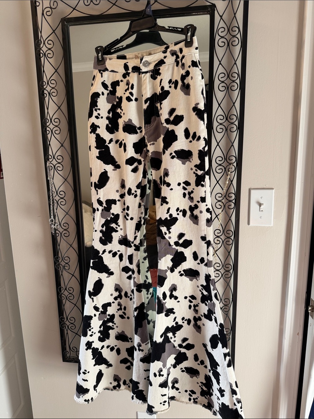 Wide Leg Cow Print Pants - Black & White Womens